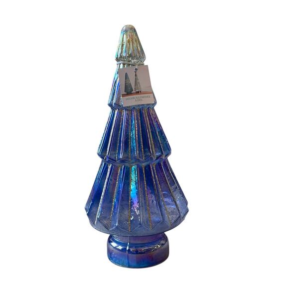 Illuminated Glass Christmas Tree 13.25in Blue & Gold Chic LED Holiday Decor New - Picture 10 of 15